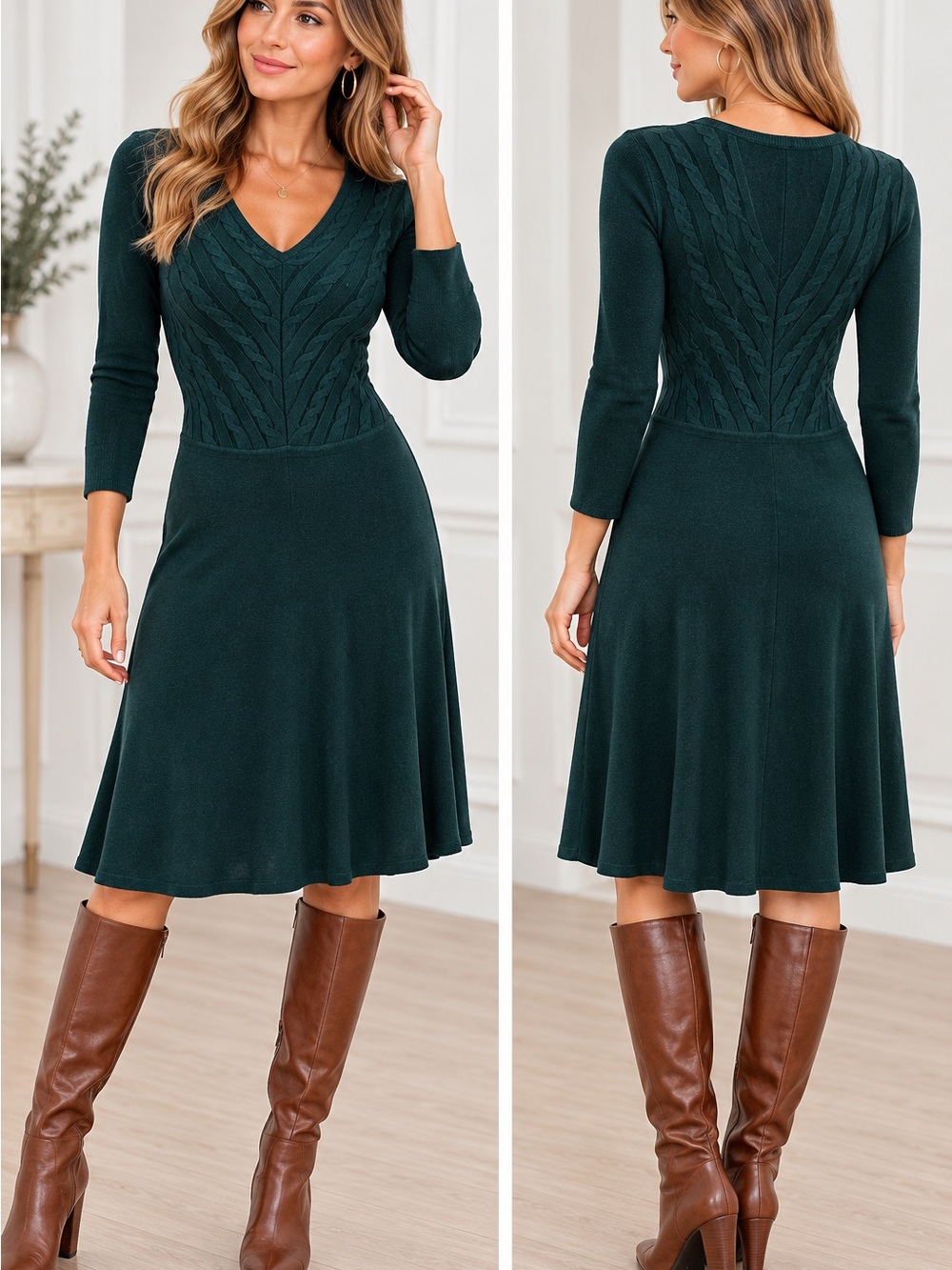 Jones New York Dark Green Cable-Knit V-Neck Fit & Flare Dress